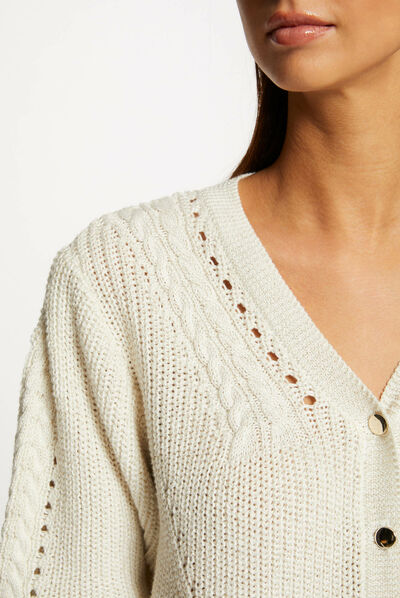 Cárdigan manga 3/4 con punto trenzado beige mujer