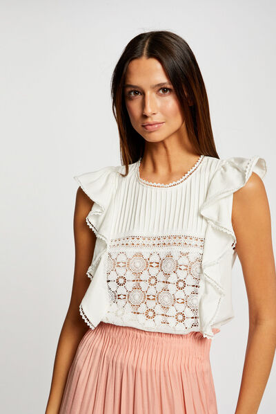 Camiseta manga corta con volantes crudo mujer