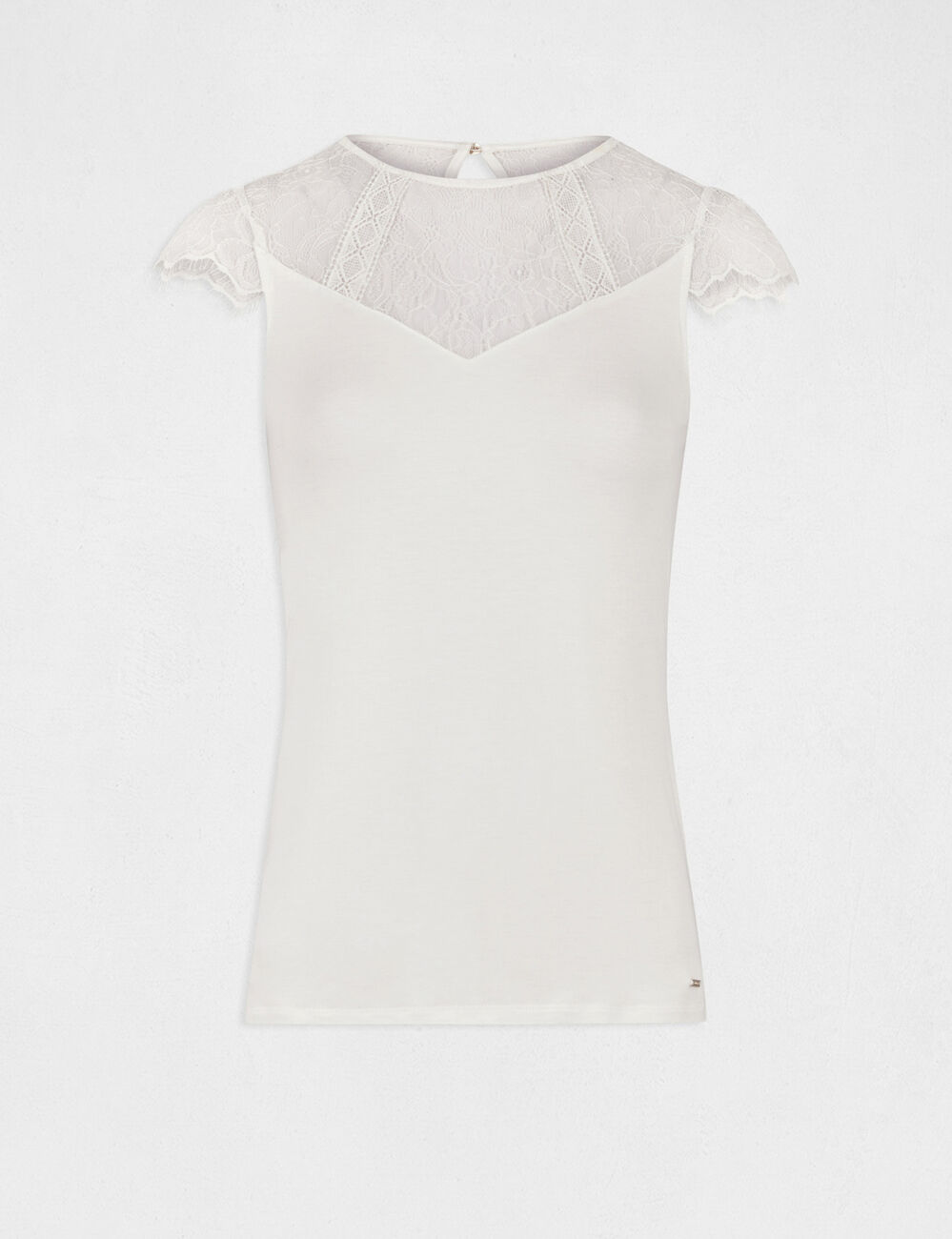 Camiseta manga corta con encaje marfil mujer