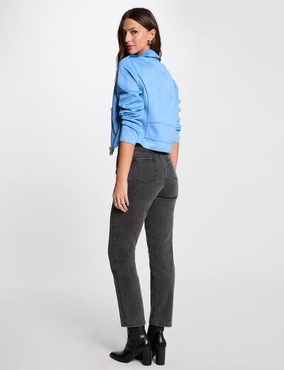 Chaqueta corta antelina azul mujer