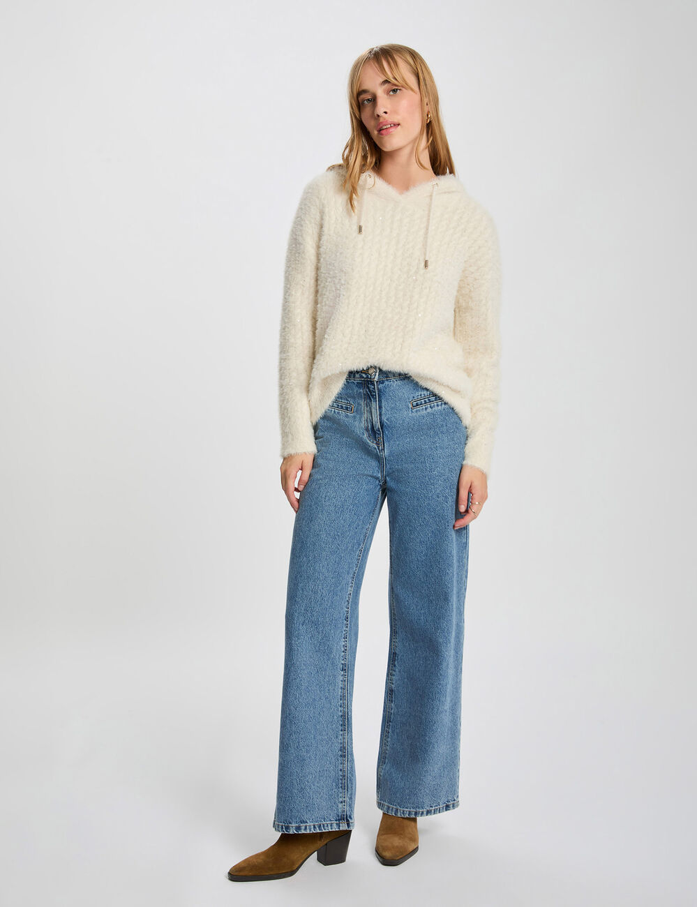Jersey con capucha y lentejuelas marfil mujer