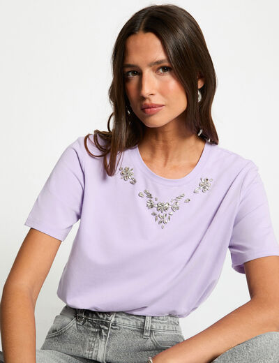 Camiseta de strass manga corta morado mujer