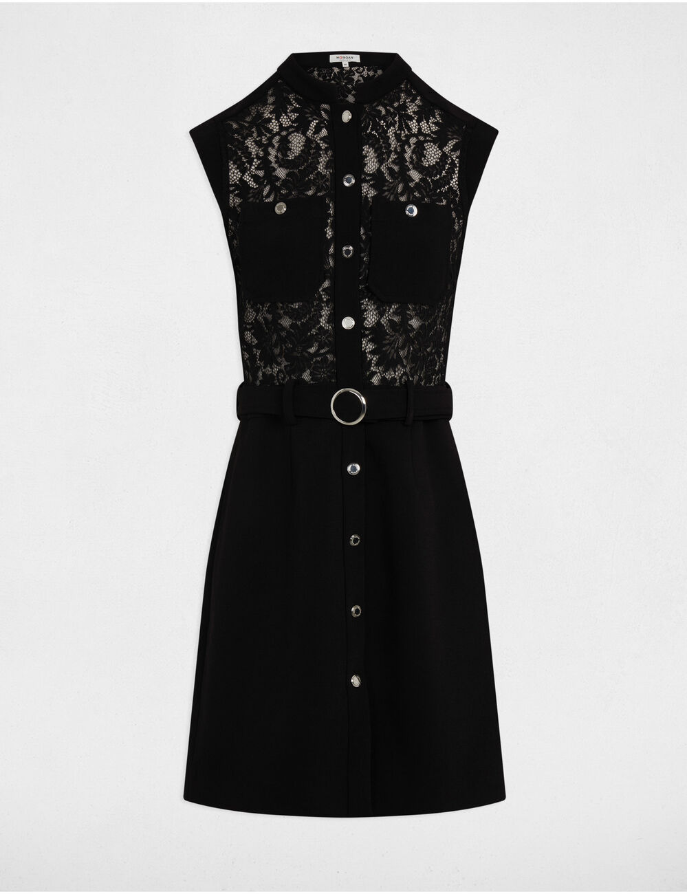 Vestido corto recto encaje negro mujer