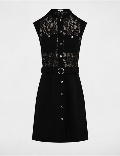 Vestido corto recto encaje negro mujer