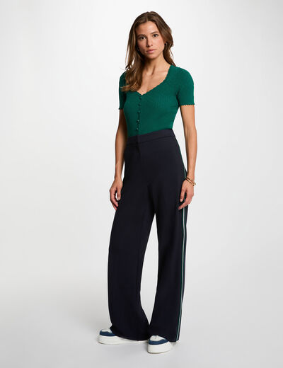 Pantal&oacute;n ancho con bandas laterales azul marino mujer