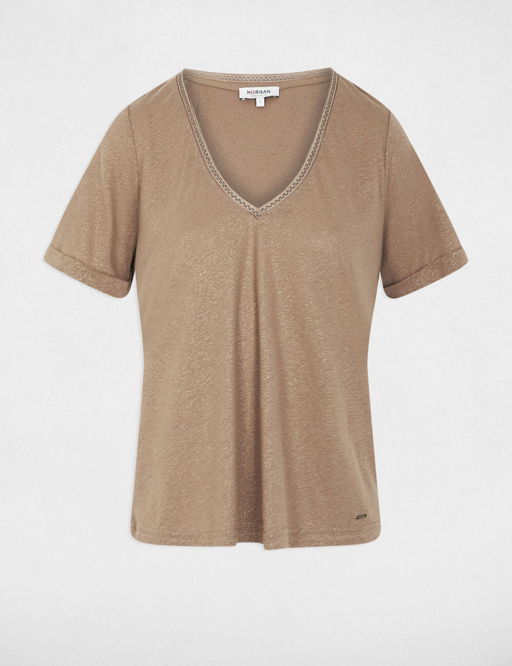 Camiseta con cuello en v con perlas topo mujer
