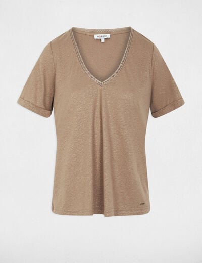 Camiseta con cuello en v con perlas topo mujer