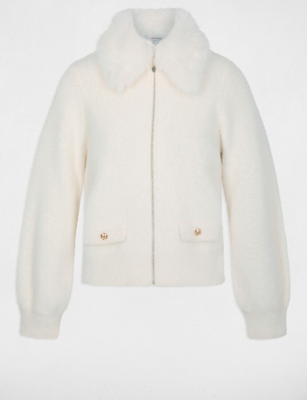 Chaqueta con cuello de piel marfil mujer