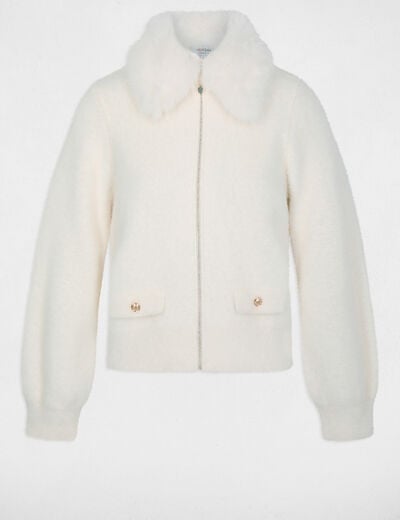 Chaqueta con cuello de piel marfil mujer