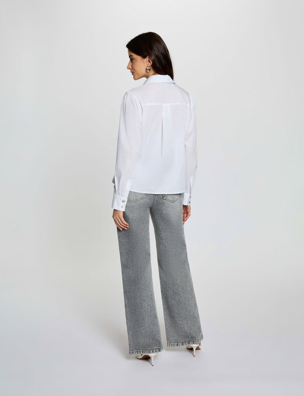 Camisa recta con cuello de solapa blanco mujer