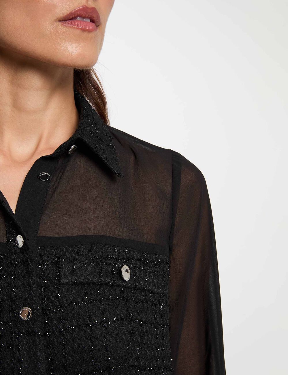 Camisa de tweed manga larga negro mujer