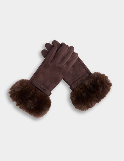 Guantes con detalles de pelo marr&oacute;n oscuro mujer