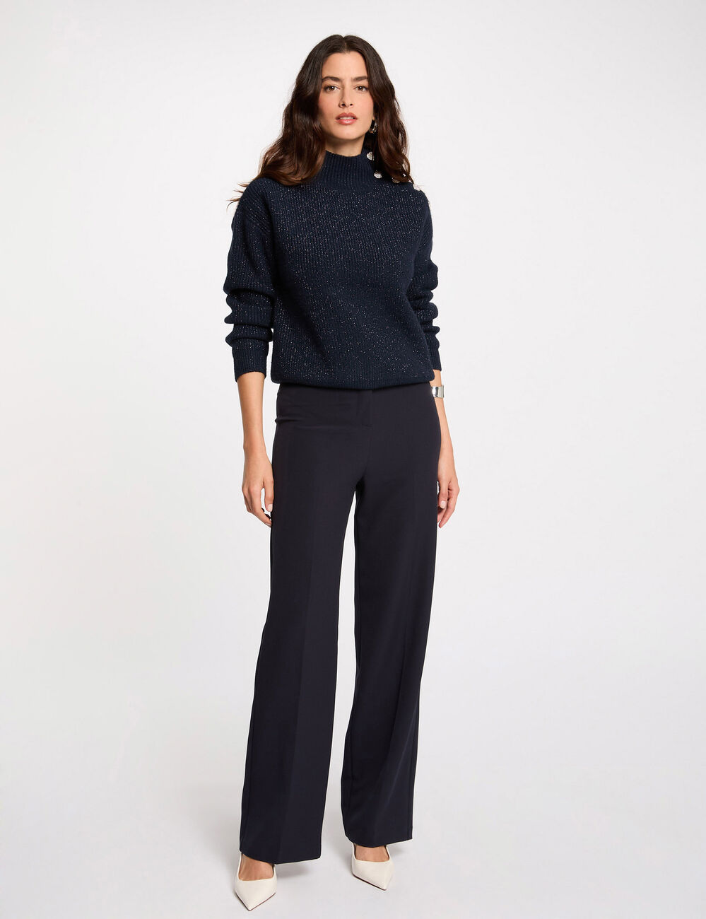 Pantalón recto con pinzas azul marino mujer