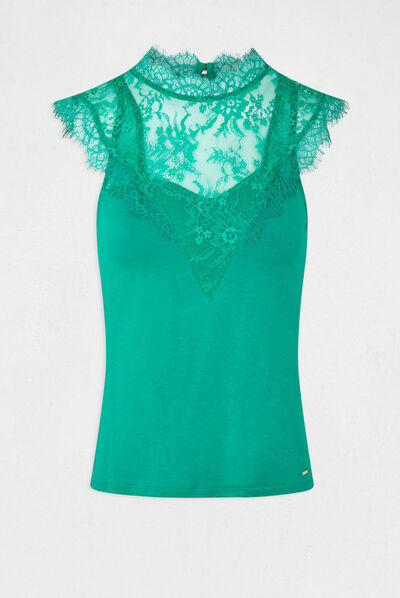 Camiseta manga corta con encaje verde mujer
