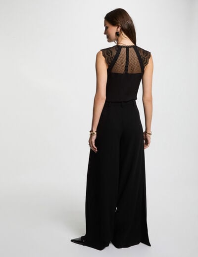 Camiseta de encaje con cuello en v negro mujer