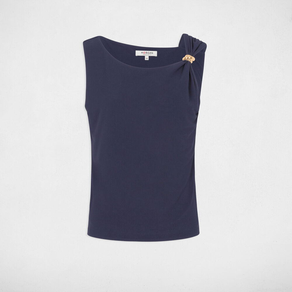 Camiseta asim&eacute;trica con joya azul marino mujer