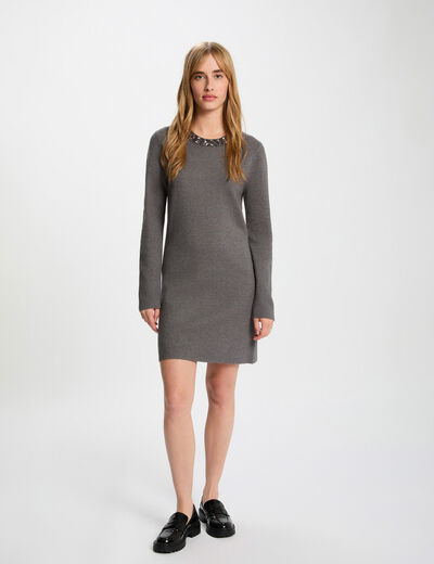 Vestido de punto con cuello redondo gris oscuro mujer