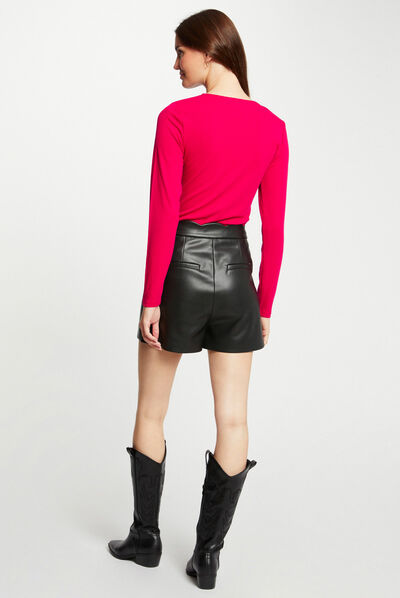 Camiseta manga larga acanalada fucsia mujer