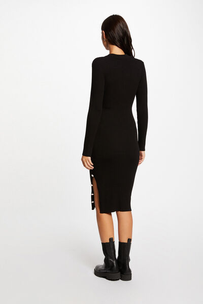 Vestido de punto ajustado con botones negro mujer