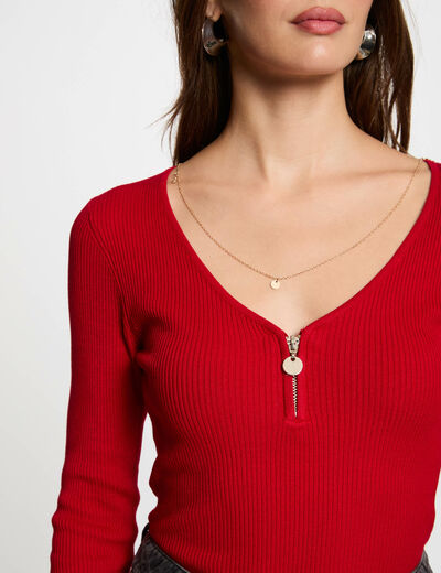 Jersey manga larga acanalado rojo mujer