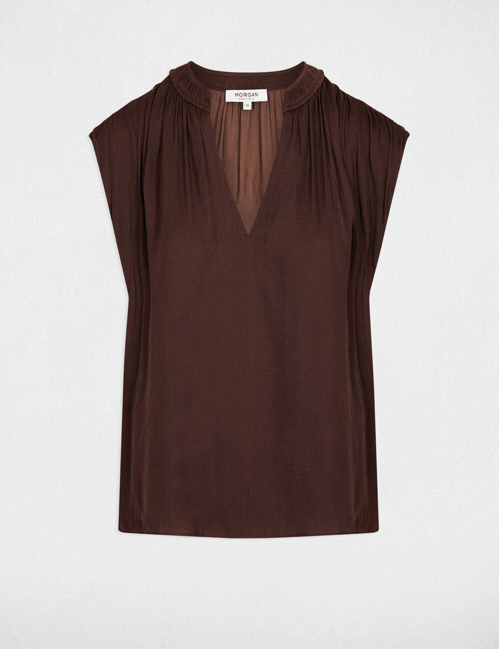 Blusa manga corta satinada marr&oacute;n oscuro mujer