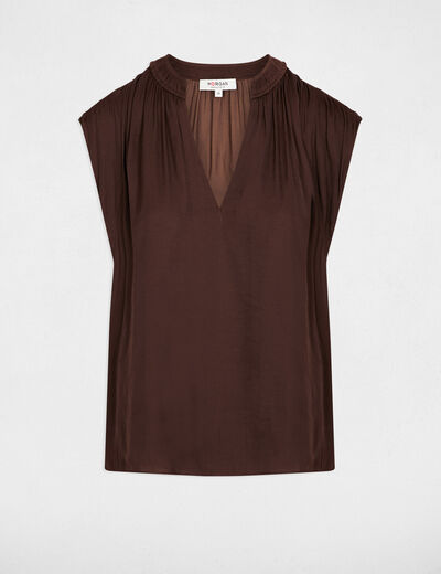 Blusa manga corta satinada marr&oacute;n oscuro mujer