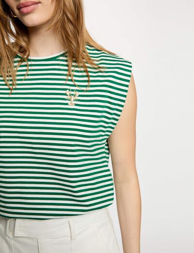 Camiseta de rayas bordada verde pradera mujer