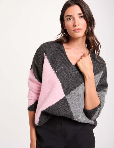 Jersey jacquard con cuello en v gris oscuro mujer
