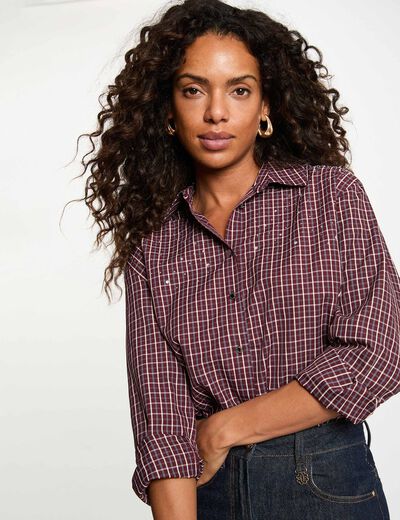 Camisa de cuadros con strass burdeos mujer