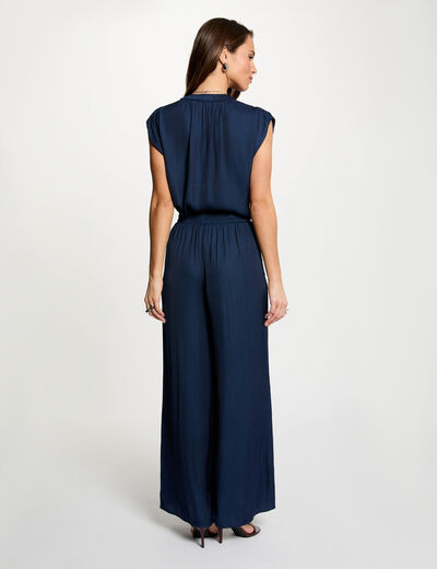 Blusa manga corta satinada azul marino mujer