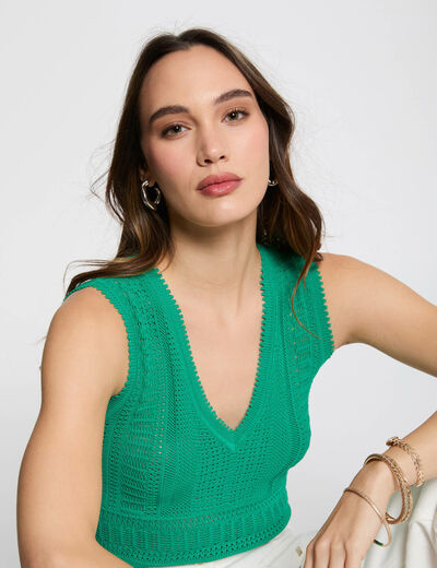 Jersey calado sin mangas verde emeralda mujer