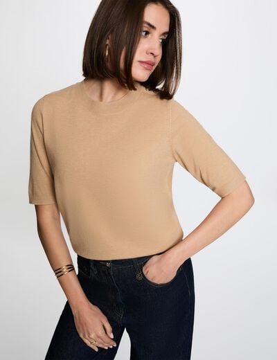 Jersey cuello redondo mangas cortas beige mujer