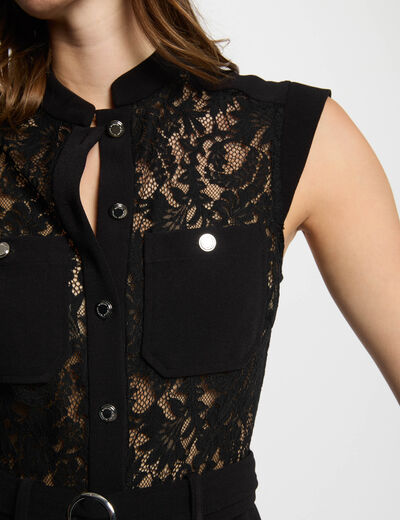Vestido corto recto encaje negro mujer