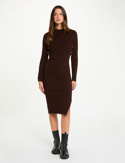 Vestido de punto ajustado manga larga marr&oacute;n oscuro mujer