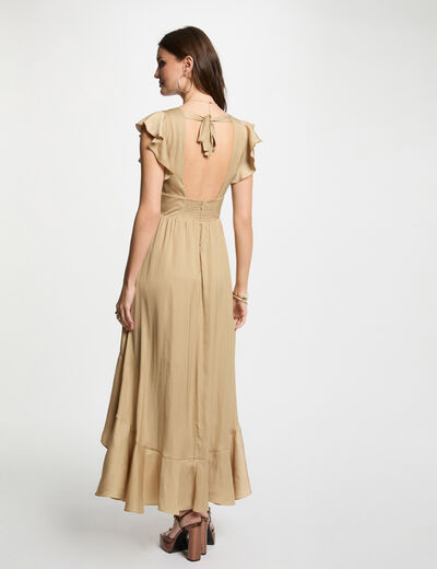Vestido largo recto de satén beige mujer