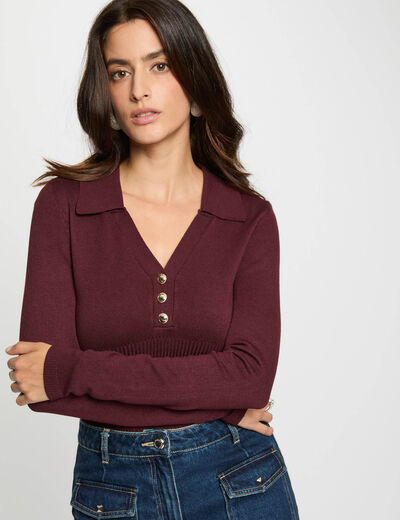 Jersey entallado con cuello polo ciruela mujer