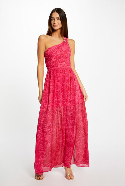 Vestido largo acampanado estampado rosa mujer