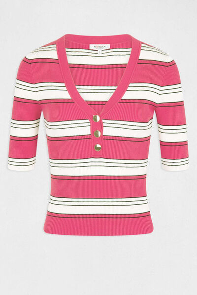 Jersey manga corta con rayas fucsia mujer