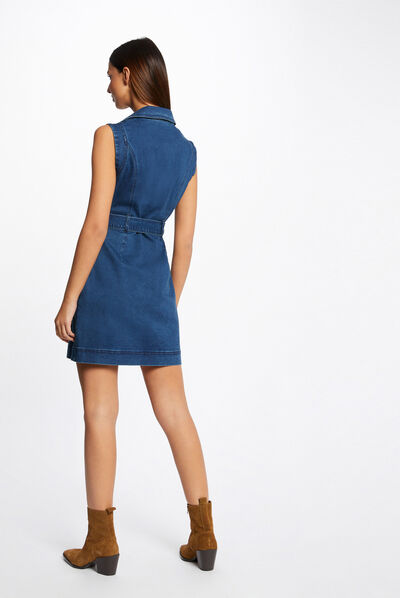 Vestido recto vaquero cinturón y botones vaquero stone mujer