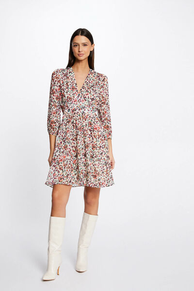 Vestido evasé holgado estampado floral crudo mujer