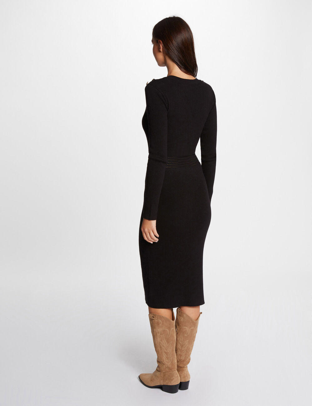 Vestido de punto midi ajustado negro mujer