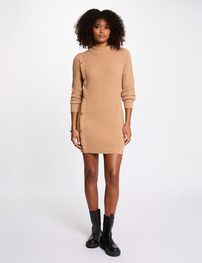 Vestido de punto corto cuello redondo beige mujer