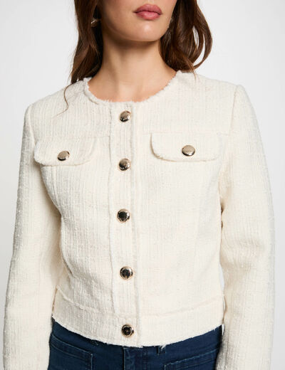 Chaqueta corta tweed marfil mujer