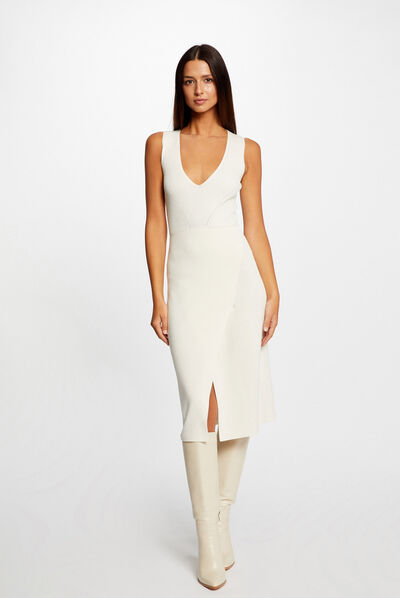 Vestido de punto midi ajustado marfil mujer