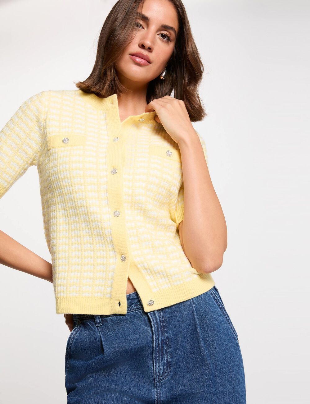 C&aacute;rdigan manga corta estampado amarillo claro mujer