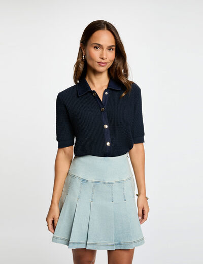 Falda corta plisada denim descolorido mujer
