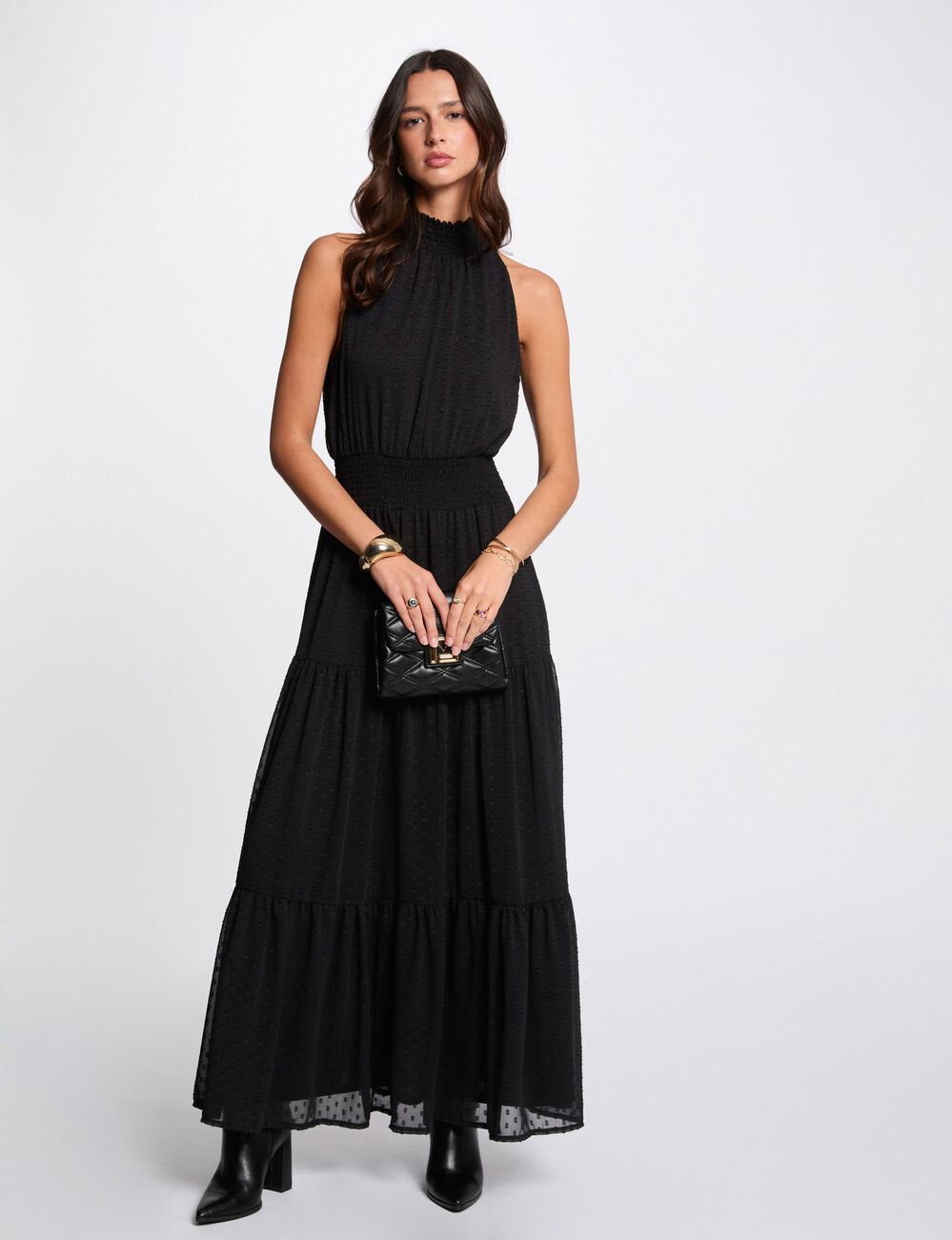 Vestido largo recto plumeti negro mujer
