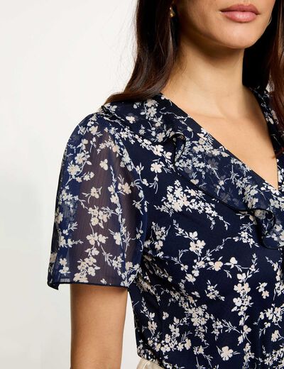Blusa de gasa con cuello en v azul marino mujer