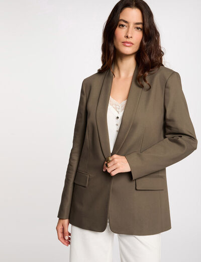 Chaqueta corta cuello chal verde caqui mujer