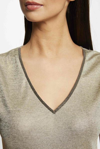 Camiseta metalizada manga corta dorado mujer
